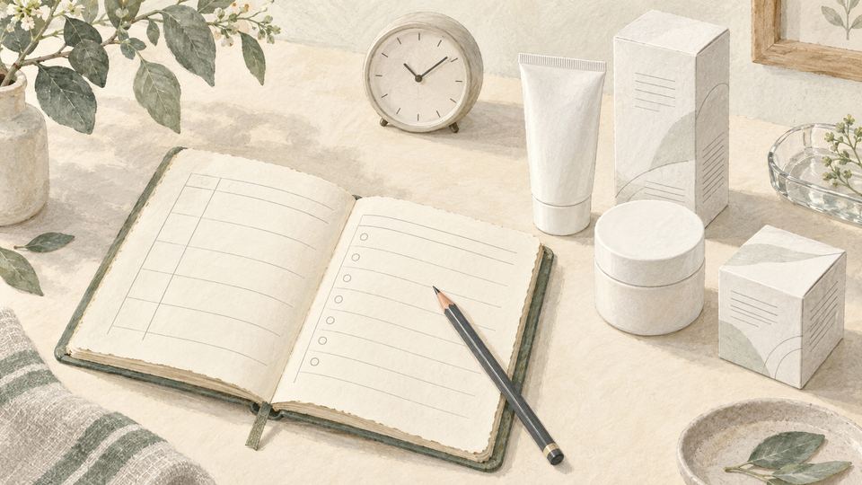 化粧品の容器と箱、時計、鉛筆と記録用ノートを並べたイラスト
