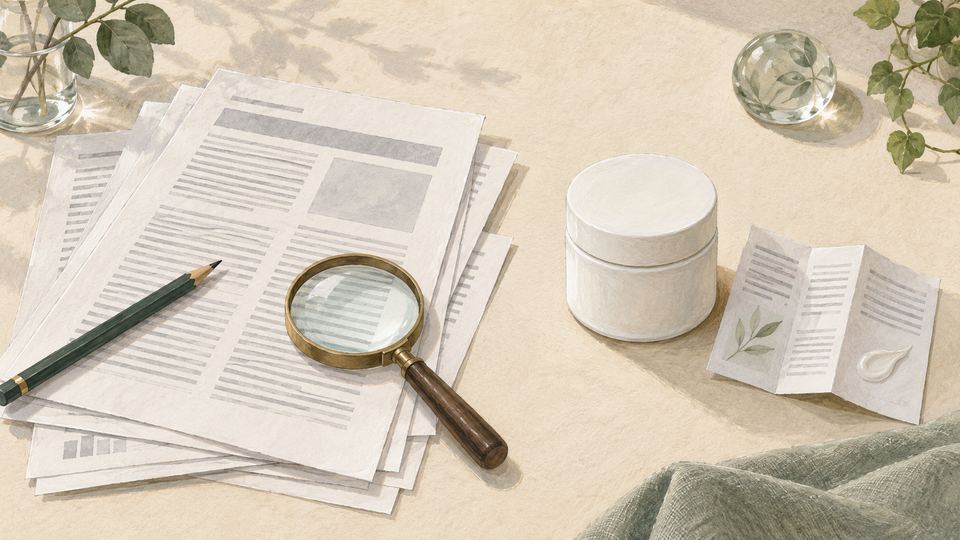 研究資料と虫眼鏡、その隣に化粧品容器と説明書を配置したイラスト